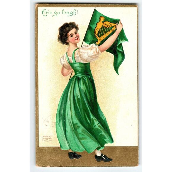 St Patrick's Postcard Irish Women Holds Flag Ellen Clapsaddle Erin Go Bragh 1909 - Picture 1 of 2